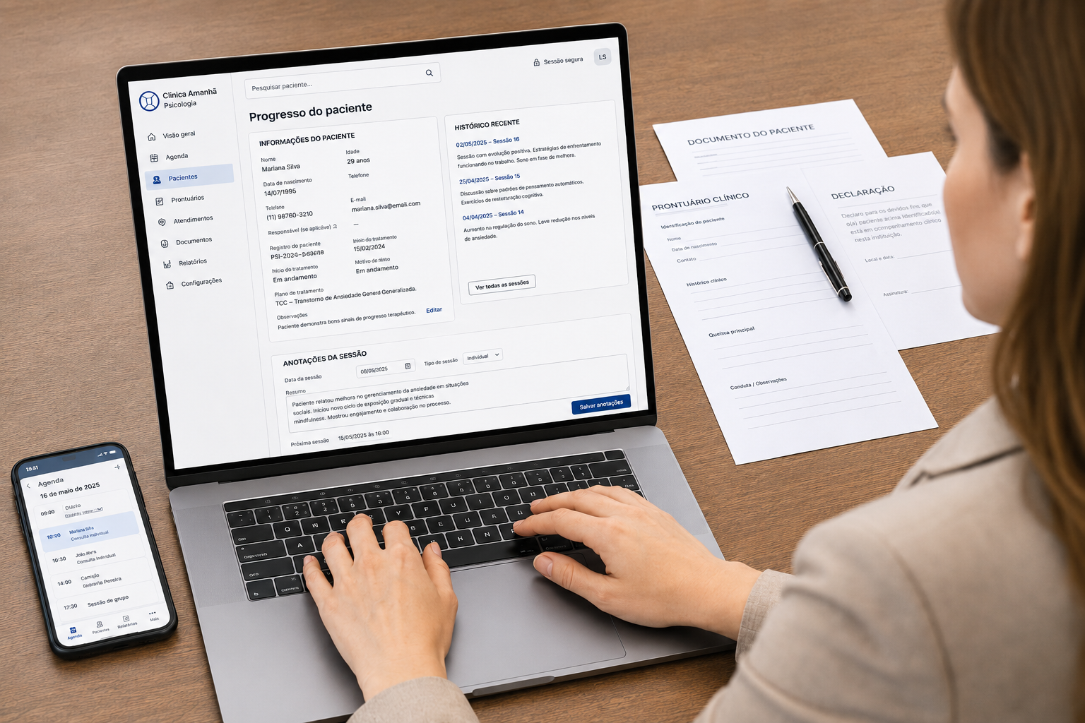 Registro, histórico e documentos no mesmo contexto — prévia da plataforma Psiplace